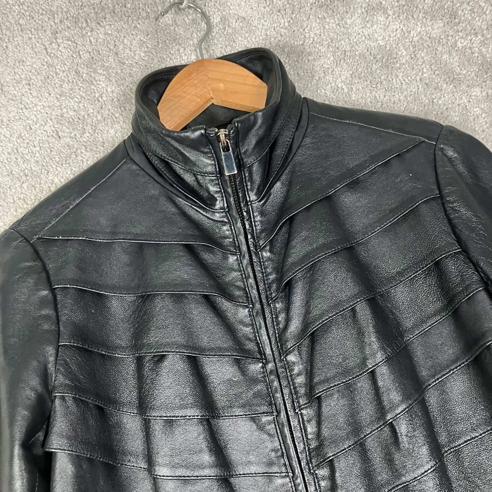 Vintage Neiman Marcus Leather Jacket Womens Small Black Tiered Moto Full Zip 90s